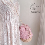   〜ローズ刺繍・ファー巾着かごバッグ〜【ダスティーピンク】2way・3wayにもなるショルダーバッグ・ポシェット