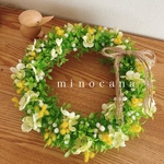 【再販】ミモザとかすみ草の爽やかグリーンリース　玄関リース　紫陽花　インテリア　31×31