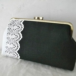 アンティーク手刺繍レース＆黒リネンがま口Ｌ