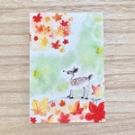 🍁透明水彩画「子鹿と紅葉」イラストポストカード2枚セット  バンビ シカ　しか　鹿　秋　もみじ　敬老の日　敬老の日カード🍁