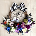 No.wreath-15387★ハロウィンリース21-(23)　クモの巣&オバケ&スケアクロウ　45x50cm・アートフラワー/造花リース/大型リース