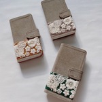手帳型　コーディロイのチュール刺繍リボン　iPhoneケース