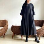 リネン素材シンプルプリーツワンピース♪ブラックカラー
