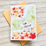 🍁透明水彩画2枚セット「子鹿と紅葉」イラストミニカード バースデーカード バンビ シカ　鹿　しか　もみじ　紅葉  秋🍁