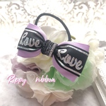  black×ラベンダー♡メタリックLoveロゴのリボン のヘアゴム 