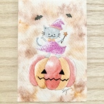 🎃透明水彩画「猫ちゃんハロウィン」北欧イラストポストカード２枚セット 秋 カボチャ　ハロウィン　ネコ　ねこ🎃