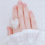 大ぶり　パール　刺繍　ハート　ゴールド　リング　指輪