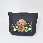クローバーとブラウントイプードル刺繍　ポケットティッシュポーチ〈デニム〉送料無料