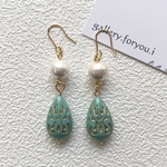 no23.antiqueしずく　cottonpearl/アンティーク調　レトロ　ターコイズ　しずく　コットンパール　パール　プチプラ　普段使い　イヤリング　プレゼント　パーツ変更　アレルギー対応