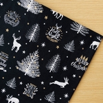 50*50【シーチング】クリスマスとトナカイ／ブラック《 生地 シーチング生地 コットン 綿 ツリー スター 星 ラメ ゴールド 冬 黒 COTTONCANDY 薄手 》