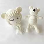 今週セール実施中　ハンドメイド　編み帽子と編みぐるみセット　ニューボーンフォト　くま　ブラウン