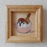 色鉛筆画　「ティーカップ　スパロウ」　（原画・額入り）