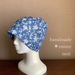 送料無料＊handmadeダブルガーゼ帽子〈Wild roseネイビーブルー〉おしゃれな医療用帽子　ケアキャップ