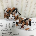 ポーチ&巾着セット　　猫ちゃん(三毛猫)