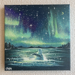 星空の下のクジラ　オーロラ　アクリル画　原画