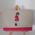 刺繍の帆布のペンケース　可愛いフランスの女の子　２色ピンク