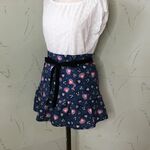 フリルカフェエプロン　ハート＆ペーズリー　青のコットン