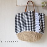 nat・・・様ご注文品　麻カゴ バッグ　黒白ギンガム リネン＊レースフリル* 本革