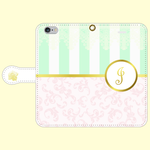 イニシャル入りストライプ【mint】　手帳型スマホケース