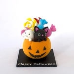 【粘土】ハロウィンかぼちゃのキャンディポット〈黒猫&おばけちゃん〉