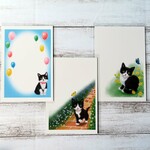 ポストカード３枚セット　〈～Dream～ハチワレ子猫〉　絵はがき　絵葉書　絵ハガキ　蝶々　風船　レンガ　小路　黒白猫　ハチワレ猫　子猫　かわいい　メッセージカード　プレゼント　お便り　