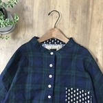 cottonリネン::バンドワッシャーBWブラックウォッチ紺地:パッチ::ゆったりスタンドカラーシャツ::Lサイズ::長袖アンティークイニシャル付
