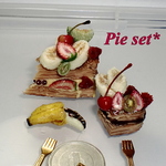 カラフルなフルーツカスタードパイとチョコバナナ、ハートチョコパイの3点セット♪　樹脂粘土　パイ　フルーツ　いちご　ドール　ドールハウス　