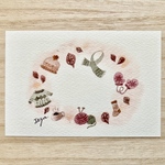 🧣透明水彩画「編み物リース」北欧イラストポストカード2枚セット 寒中お見舞い　マフラー　　セーター　手袋　帽子　秋　冬🧣