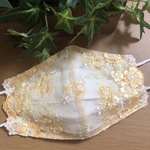 現品　不織布マスクカバー　オレンジ系花刺繍チュールレース　肌面✨絽シルク