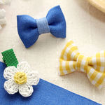 【kids&baby】手編みマーガレット&黄色チェック&ブルーデニムのmini miniリボンヘアクリップ３点セット(滑り止め付)