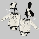 即納品《‪お名前入り🐾‬モノトーンアニマル帽子付き‪ロンパース‪‬》モノトーン / アニマル / お耳付き帽子 / ロンパース / 肉球柄 / 419