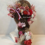 【re07na様 専用出品】フルオーダー red pink mix white gold tulle ribbon ヘッドドレス 成人式 卒業式 髪飾り