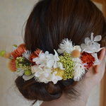 和装_オレンジ/白/黄色_ハーフ花冠(成人式_ヘアピン_プリザーブドフラワー_髪飾り_着物_振袖_袴_結婚式_紫陽花_ドライフラワー)