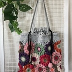 88-3.[p様オーダー]カラフル花モチーフ（アネモネ）ニットバッグ（巾着タイプ）