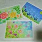 秋の花３種の絵葉書　バラ･キキョウ･コスモス　パステルアートのポストカード