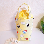 スープジャー&おにぎりバッグ♡保温保冷・巾着・持ち手付き♡薄黄色地に可愛いおにぎり・ライス系柄🍙🍚ふんわりキルト芯入り