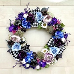 No.wreath-15396★ハロウィンリース　21-(32) スケアクロウ＆チェッカーリボン　45cm・アートフラワー/造花リース/大型リース