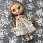 ミルクティーの刺繍ドレス   2点セット オレンジ　楕円かご　ブライス  リカちゃん アウトフィット