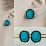 ポリマークレイストーンとビーズ刺繍のピアス(ターコイズブルー×ツヤブラック)