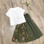 YUWA カーキ お花 の かわいく 上品な パッチスカート