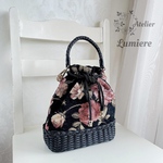 オーバル型巾着かごバッグ　ゴブラン　ローズ　ブラック