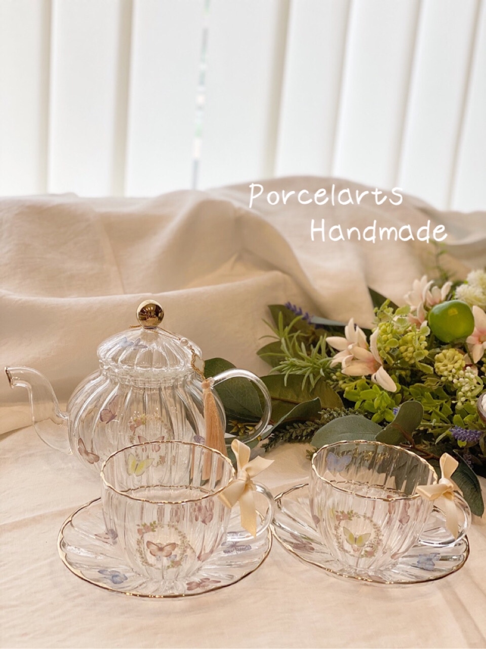 再再再販☆ポーセラーツ ガラス ティーポット＋カップ&ソーサー2客