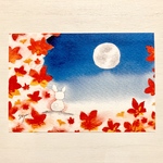 透明水彩画「満月と紅葉」イラストポストカード2枚セット 絵ハガキ　秋　満月　月　紅葉　イチョウ　うさぎ　ウサギ　癒し　中秋の名月　敬老の日