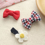 【kids&baby】レッド×ネイビーギンガム＆手編みマーガレット&レッドデニムmini miniリボンヘアクリップ３点セット(滑り止め付)