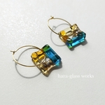 ガラスのスクエアピアス　セルリアンブルー&ブラウン　アレルギー対応フープピアス　フープ20mm　