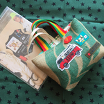 T様ご予約コーヒー豆麻袋バッグ/グリーンリーフ×ニコちゃん缶バッジ+フレブル+HAPPY BUS+ミリタリーワッペンラスタカラートートバッグ