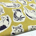 110×50 猫柄 生地 チェック×ネコ綿麻キャンバス イエロー コットンリネン 50cm単位販売 北欧風 商用利用可 生地 猫 ねこ ネコ 黒猫