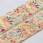 インド刺繍リボンᢂシルクフラワーリボン【イエロー/ベージュ】刺繍リボン 刺繍リボン トリム ブレード ジャガードリボン チロリアンテープ レース チュールレース