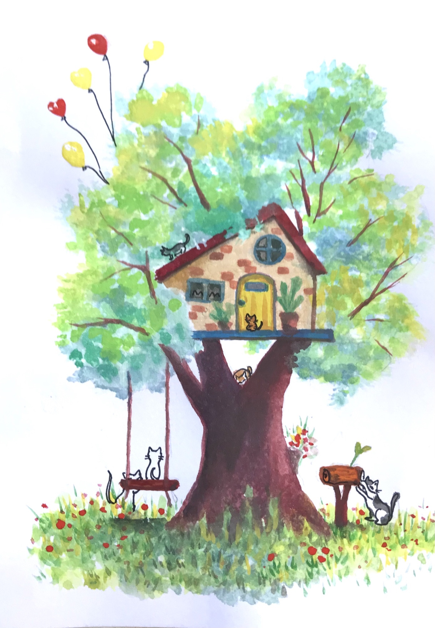 森の住人のために描いたツリー　水彩画 原画 森の住人のために描いたツリー水彩画 原画