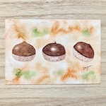 🌰透明水彩画「栗ころりん 」イラストポストカード2枚セット 秋 メッセージカード　くり　クリ　秋の味覚　敬老の日　敬老の日カード🌰